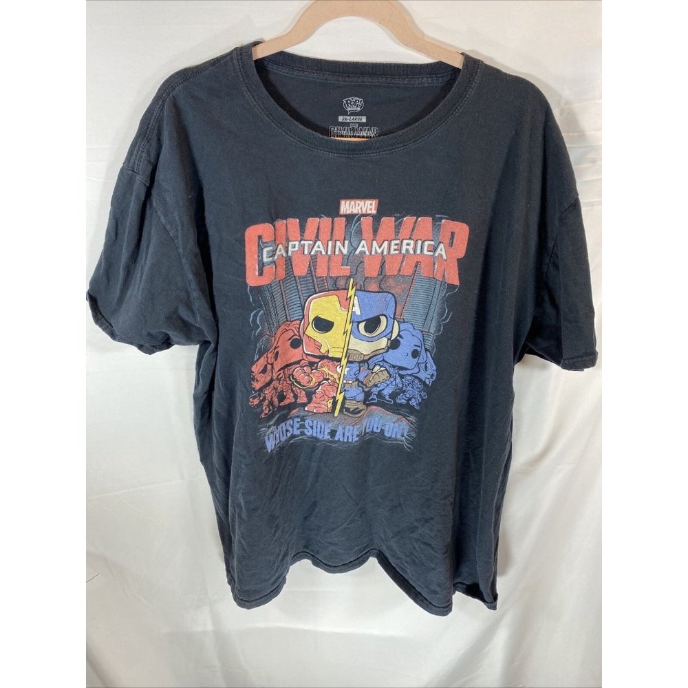 MARVEL CAPTAIN AMERICA WOMENS 2X BLACK WHOSE SIDE ARE YOU ON FUNKO POP TEE.